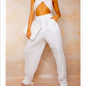 White Woven Pleated Straight Leg Pants